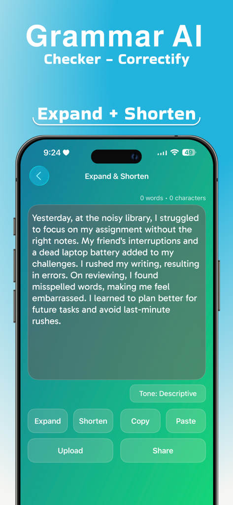 Grammar AI Checker-Correctify - Interfaz de Grammar AI Checker-Correctify mostrando la herramienta de expandir y acortar texto.