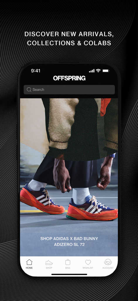 La pantalla de inicio de la app OFFSPRING mostrando una colaboración entre Adidas y Bad Bunny.