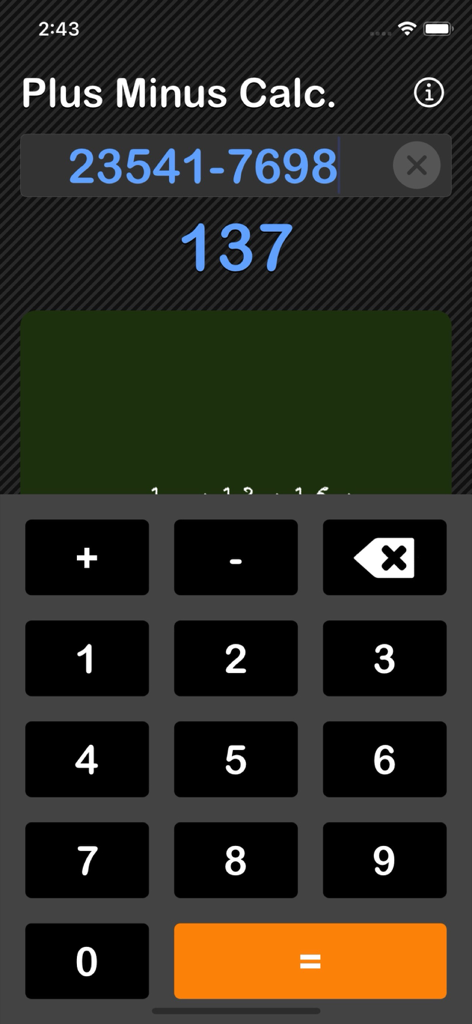Plus Minus Calculator - Interface do aplicativo Calculadora Mais Menos mostrando um cálculo de subtração e teclado numérico