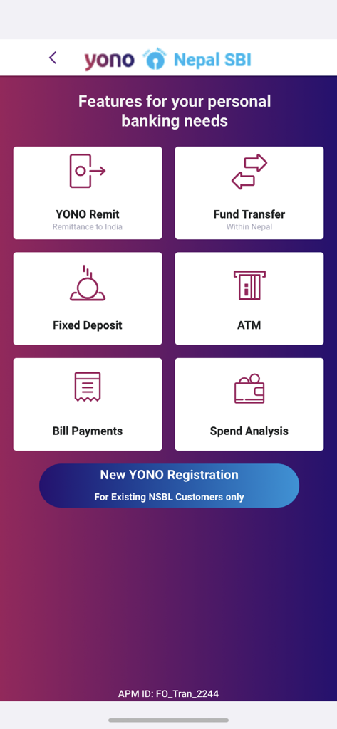 YONO Nepal SBI app screen showing banking features like remittance fund transfer and bill payments