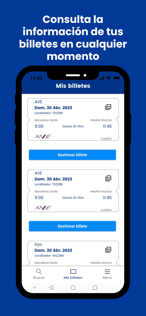 A mobile phone showing the My Tickets section of the Trenes.com app with digital train bookings for AVE and Iryo