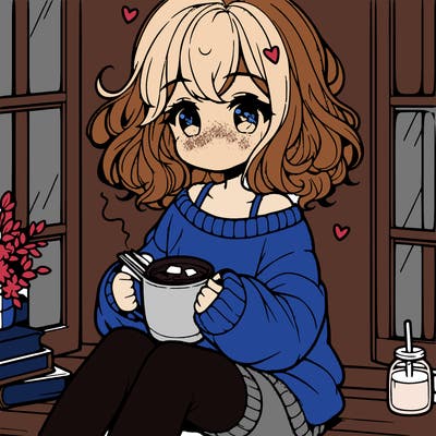 cute anime girl reading book and drinking hot chocolate from mug with loose wavy hair wearing a baggy sweatshirt and shorts sitting by windowsill looking out