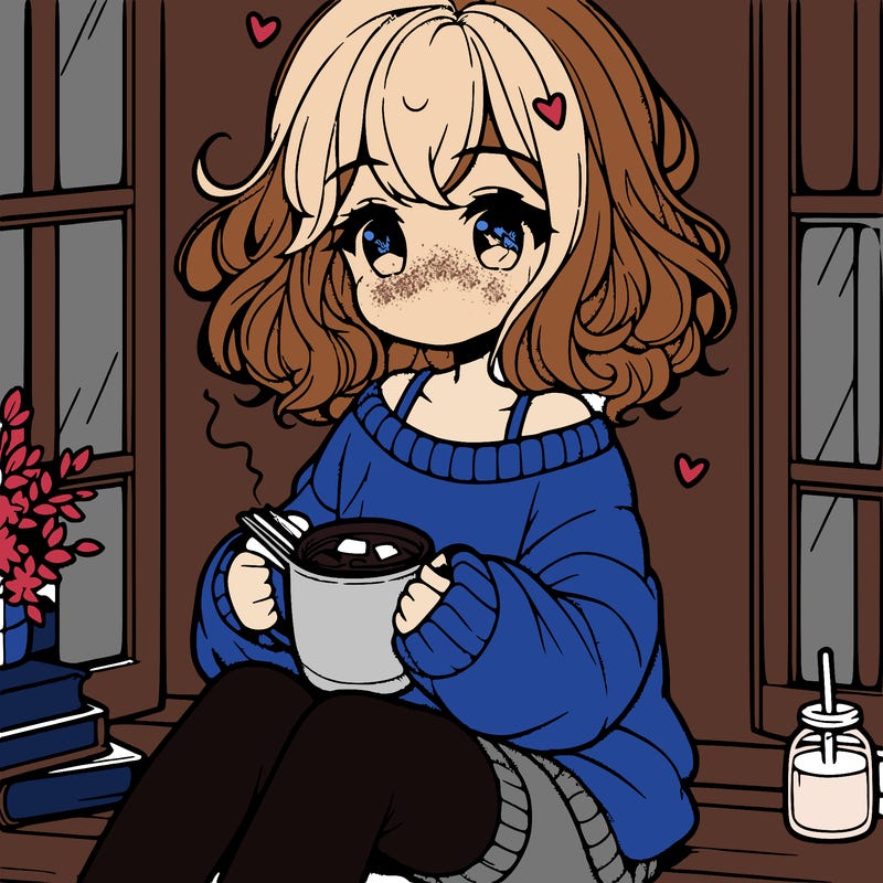 cute anime girl reading book and drinking hot chocolate from mug with loose wavy hair wearing a baggy sweatshirt and shorts sitting by windowsill looking out