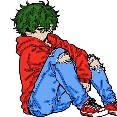 a male hoddie ripped jeans messy hair anime