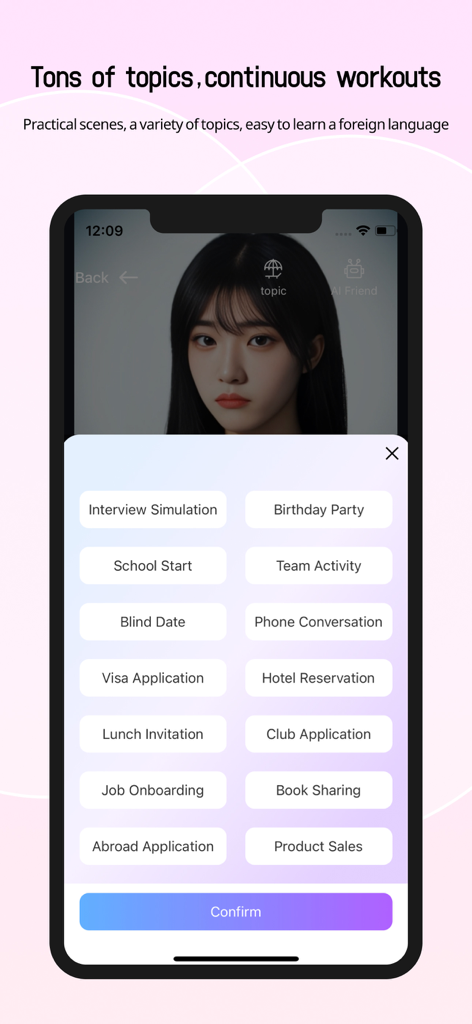 Talk AI - Chat & New Friends - Talk AI app screen showing various practical conversation scenarios for language practice.