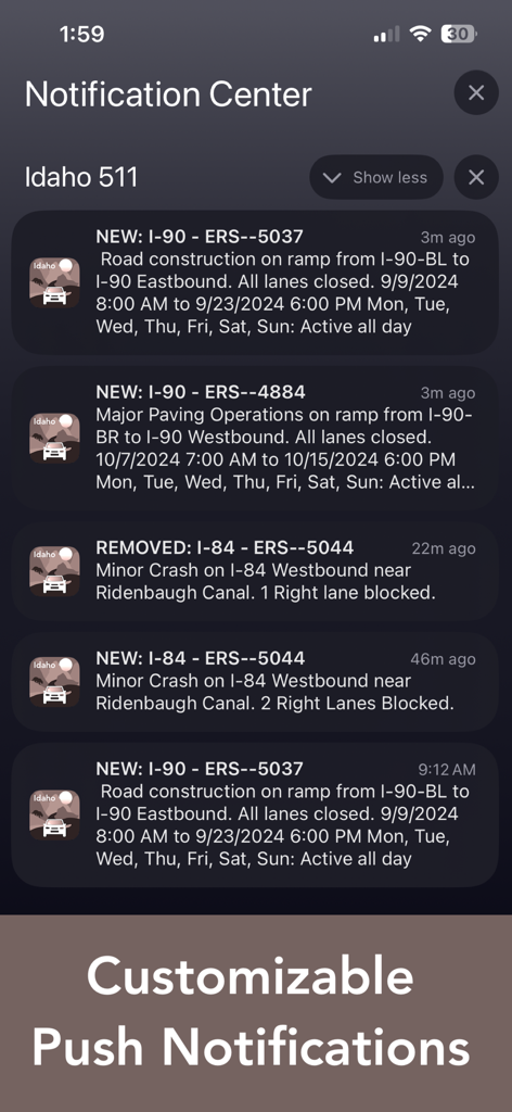Idaho 511 Road Conditions - Tela de smartphone mostrando notificações push personalizáveis para obras rodoviárias e incidentes de tráfego em Idaho.