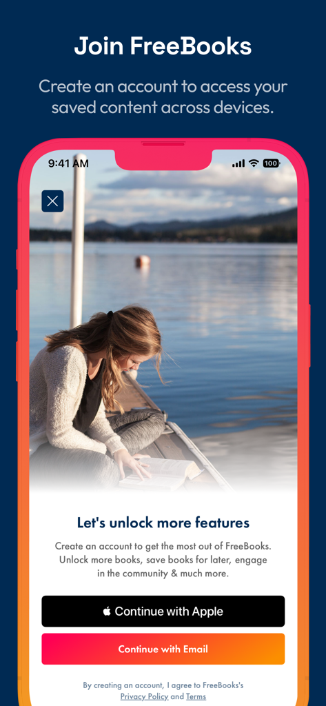 Registration screen for the FreeBooks app showing Apple and email signup options and a woman reading by a lake.