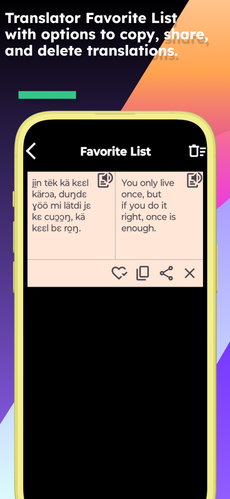 English Nuer Translator - English Nuer Translator app showing a saved translation in the Favorite List screen