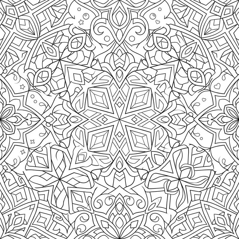 Explore a mesmerizing world of symmetrical shapes and dynamic lines with this intricate abstract geometric patterns coloring page. Perfect for those who love detailed designs and a mindful coloring experience.