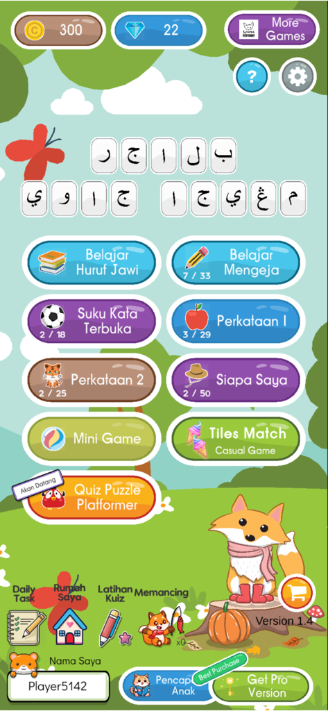Belajar Mengeja Jawi - Main menu of the Belajar Mengeja Jawi educational app showing various learning modules and a cute fox character.