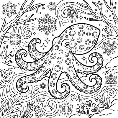 Embark on a creative journey with this captivating coloring page featuring a blue-ringed octopus nestled in a whimsical winter wonderland. This intricate design offers a delightful challenge for teens and adults seeking a unique seasonal coloring experience.