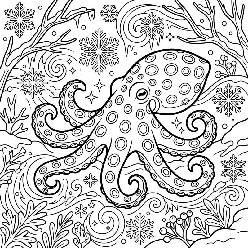 Embark on a creative journey with this captivating coloring page featuring a blue-ringed octopus nestled in a whimsical winter wonderland. This intricate design offers a delightful challenge for teens and adults seeking a unique seasonal coloring experience.