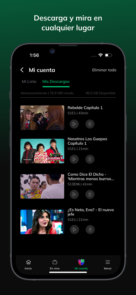 Univision Now - The My Downloads screen of the Univision Now app displaying Spanish language TV shows ready for offline viewing.