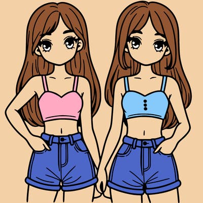 two sisters with crop tops and jean shorts and straight hair