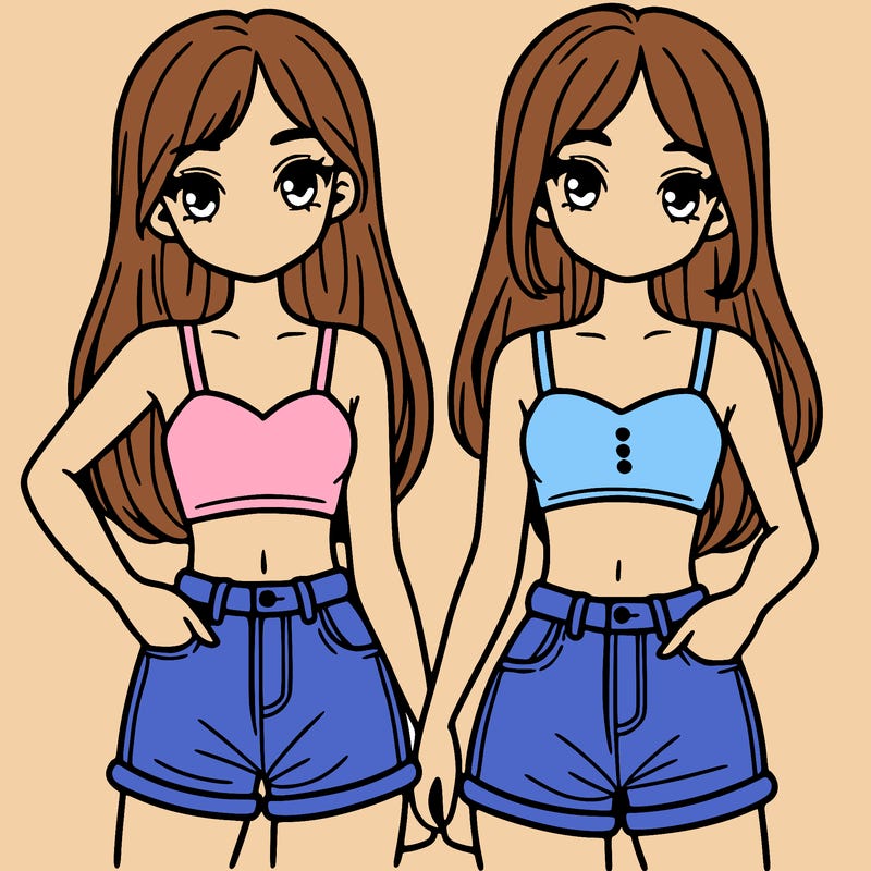 two sisters with crop tops and jean shorts and straight hair
