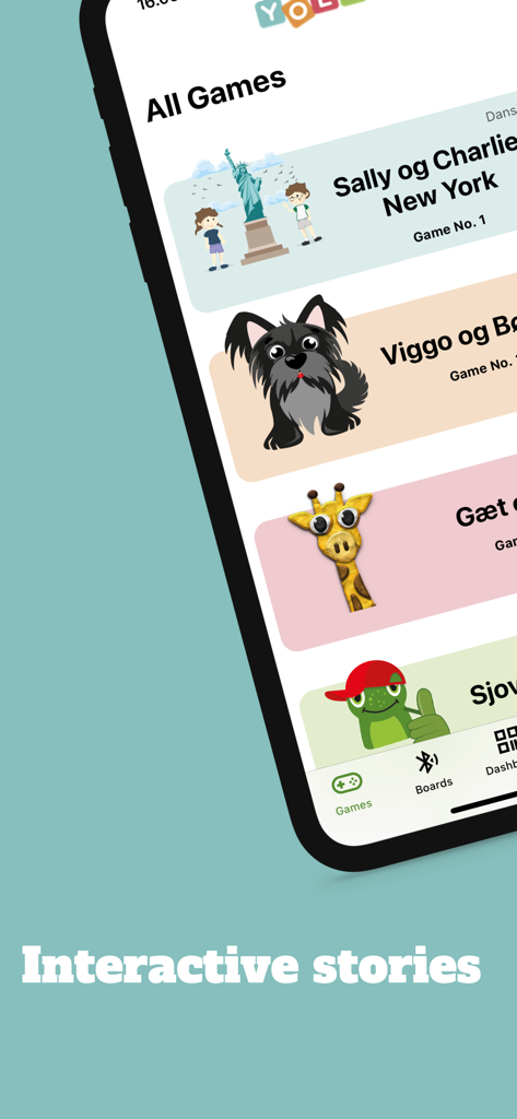 Play Yoli App-Bildschirm, der ein Menü mit interaktiven Geschichten und Spielen für Kinder anzeigt