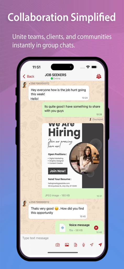 Arena Chat - A group chat screen in Arena Chat titled Job Seekers showing a professional discussion and a hiring flyer