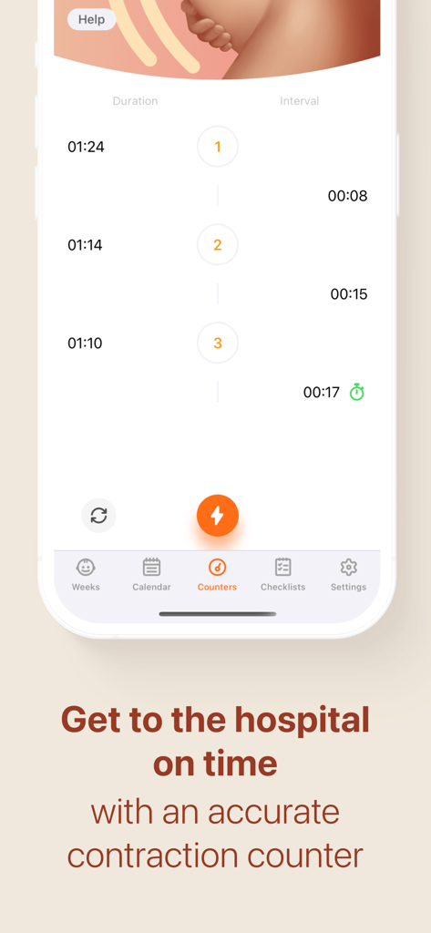 Pregnancy Tracker・App by Moms - Interface of a pregnancy tracker app displaying a contraction counter with duration and interval logs