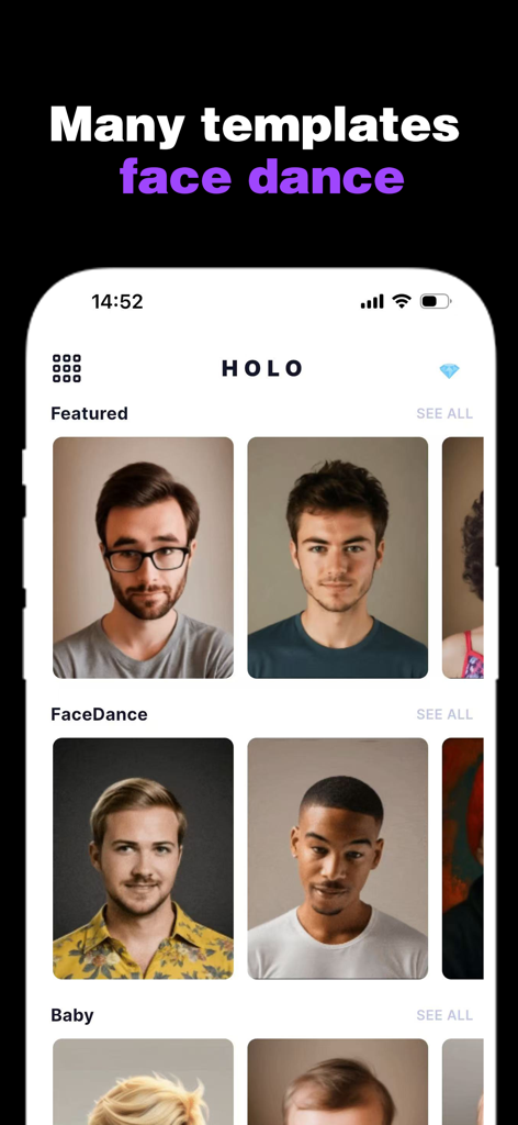 Holo AI: Smart Video Creator - Interface do aplicativo Holo AI mostrando diferentes modelos de face dance e vídeos em destaque