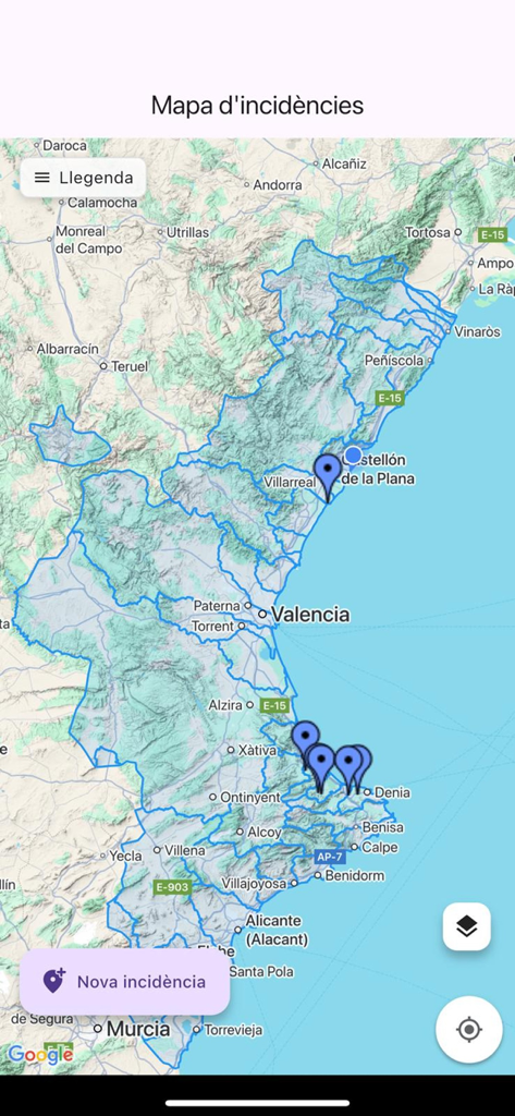 AVAMET - Um mapa da Comunidade Valenciana mostrando incidentes climáticos no aplicativo AVAMET