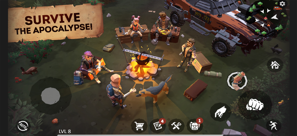 Last Survivor: Zombie Survival - A group of survivors gathered around a campfire next to an armored truck in a post apocalyptic setting