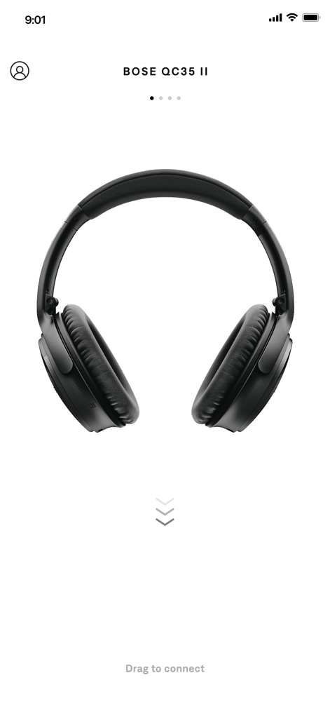 Bose Connect app interface showing Bose QC35 II headphones with a drag to connect prompt
