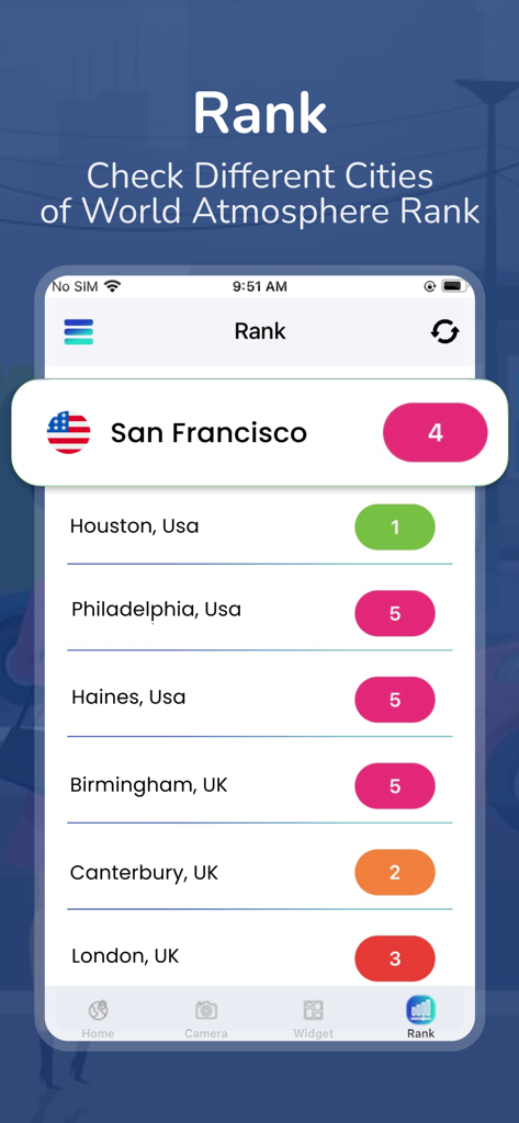 A smartphone interface showing global air quality rankings for various cities including San Francisco and Houston