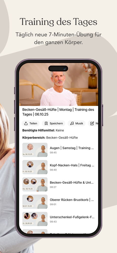 Liebscher & Bracht App - Liebscher and Bracht 앱 인터페이스는 고관절 및 골반 통증을 위한 7분 일일 운동 동영상과 다른 운동 목록을 보여줍니다.