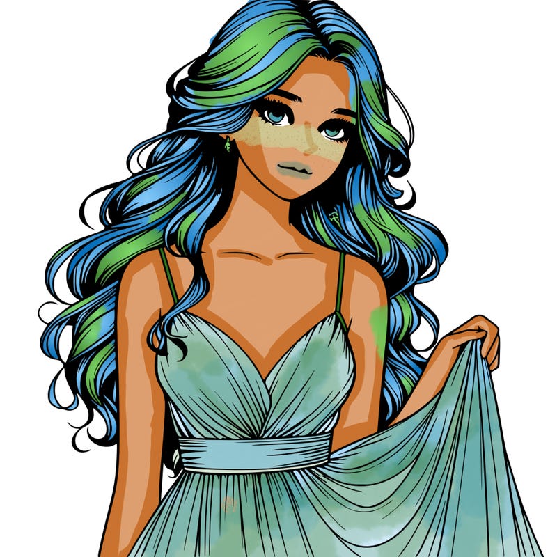 realistic girl in flowy silky prom dress