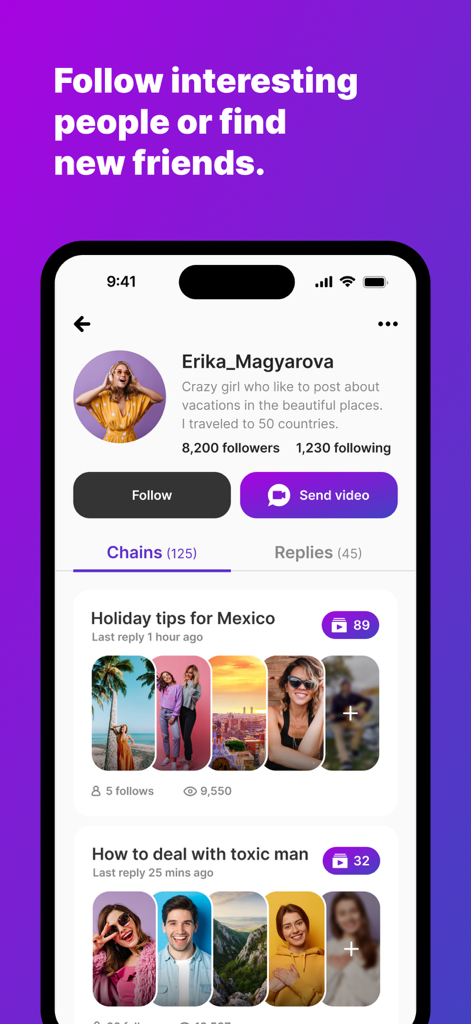 Chainstr: Video Chains - Chainstr app user profile screen showing options to follow a user, send a video, and browse public video chains.