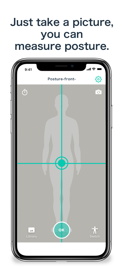 AI posture app interface showing a silhouette and alignment grid for body measurement