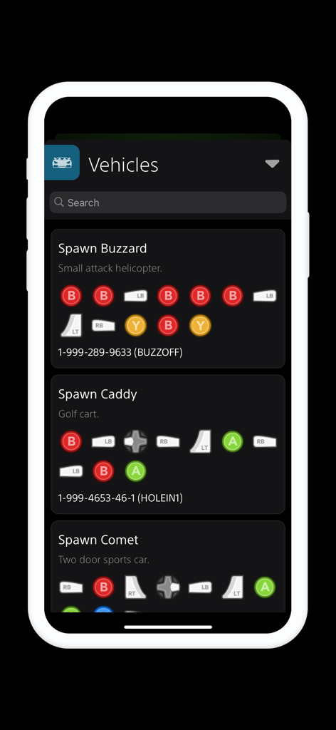 버자드 공격 헬리콥터 및 캐디 골프 카트용 컨트롤러 버튼 아이콘이 있는 GTA V 차량 생성 코드 표시 모바일 앱 인터페이스