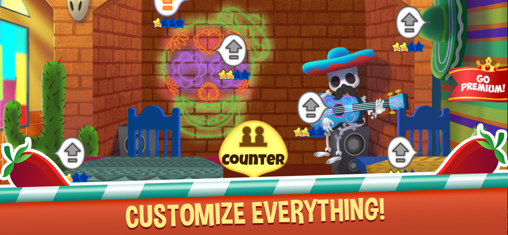 My Taco Shop: Chef Game - Un menu de personnalisation dans My Taco Shop montrant un musicien squelette et diverses options de décoration de restaurant à améliorer