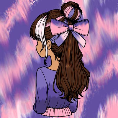 realistic girl  with hip length hair a bun and a big bow on the back of head