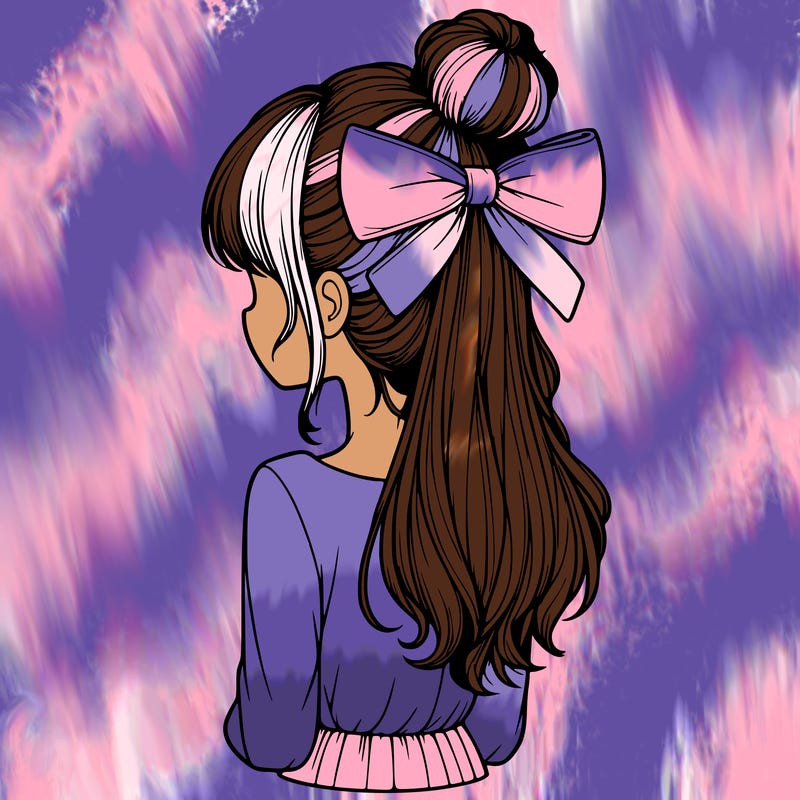 realistic girl  with hip length hair a bun and a big bow on the back of head