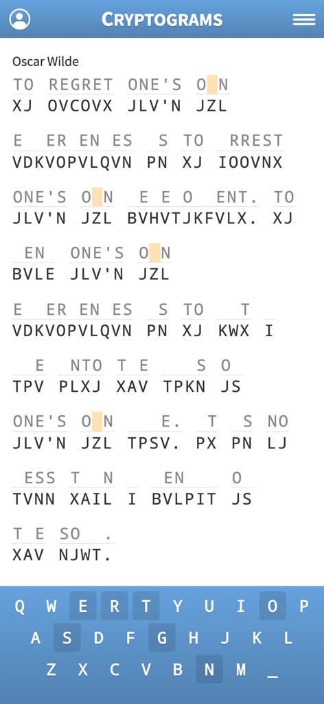 Cryptogram · Cryptoquote Game - A screenshot of a cryptogram puzzle game showing a substitution cipher for an Oscar Wilde quote