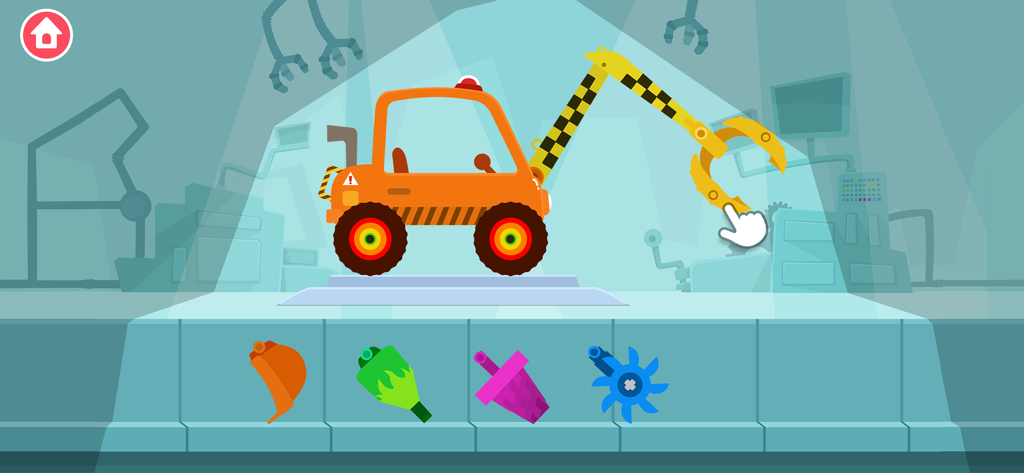 Dinosaur Digger Games for kids - Toddler game screen showing an orange truck being customized with various mechanical tools