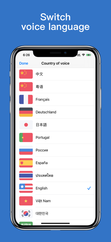 Tela do iPhone mostrando uma lista de diferentes idiomas e bandeiras para a configuração de voz do toque horário