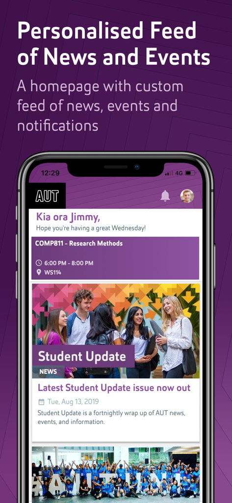 AUT - Screenshot of the AUT student app displaying a personalized news and event feed including class schedules and university updates.