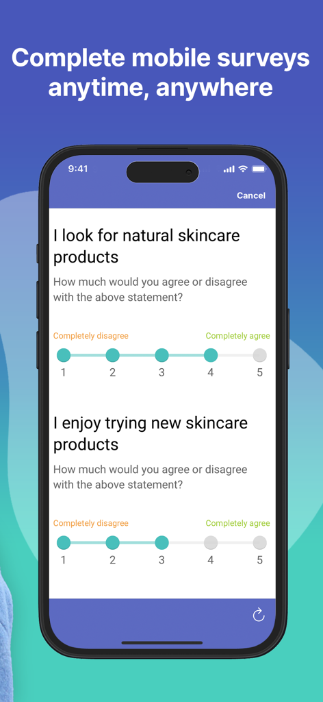 Smartphone exibindo uma pesquisa sobre produtos de cuidados com a pele no aplicativo móvel Ipsos iSay