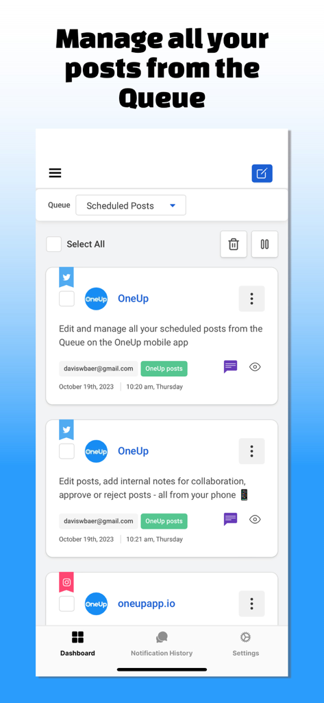 OneUp: Social Media Scheduler - A mobile view of the OneUp app showing scheduled social media posts in a queue.