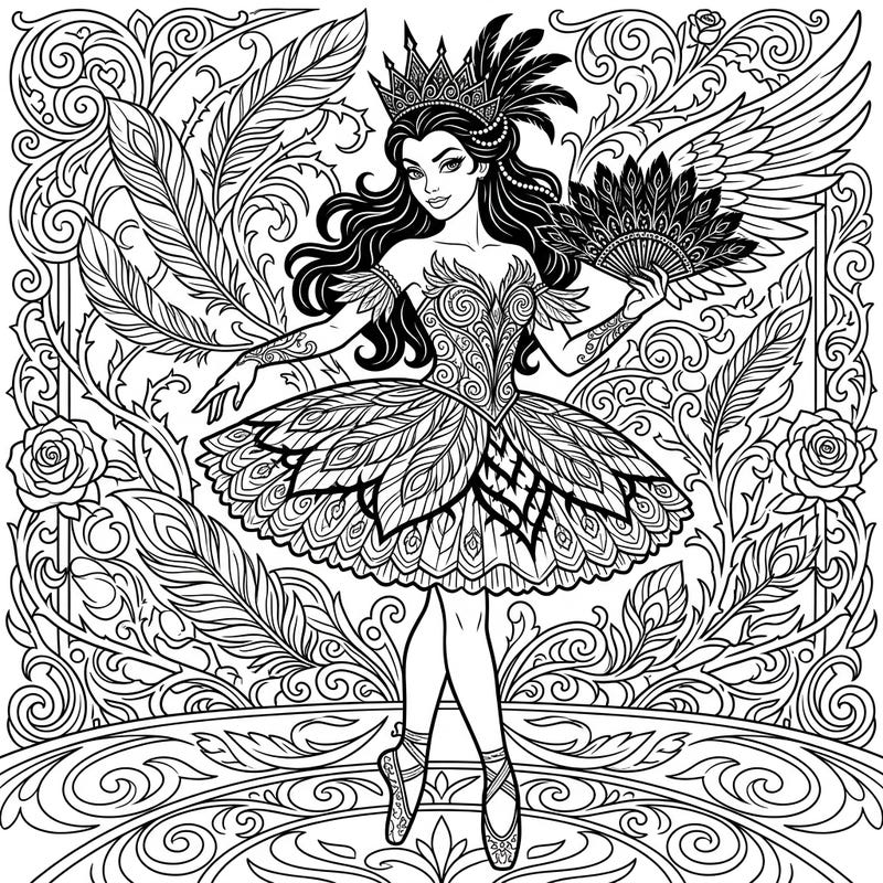 Step into the mesmerizing world of ballet with this captivating coloring page featuring Odile, the villainous Black Swan. Designed specifically for teens, this intricate illustration offers a thrilling artistic challenge.