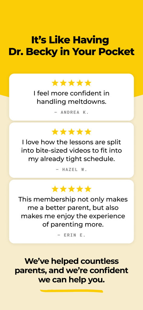 Good Inside: Parenting - Three 5-star user testimonials for the Good Inside Parenting app highlighting improved parenting confidence and the convenience of bite-sized video lessons