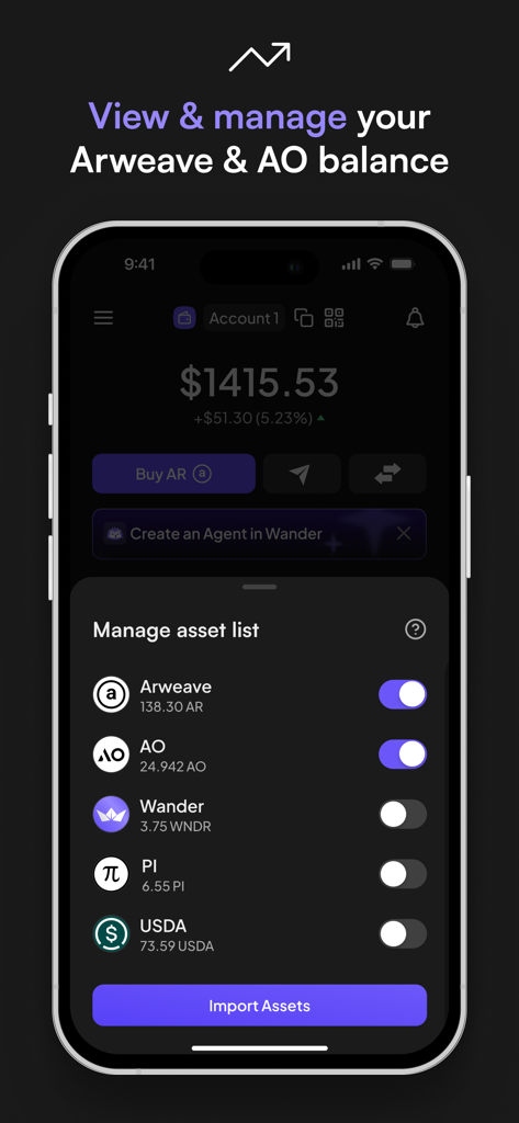 Wander Mobile - Wander Mobile app interface showing Arweave and AO asset list and balance management.