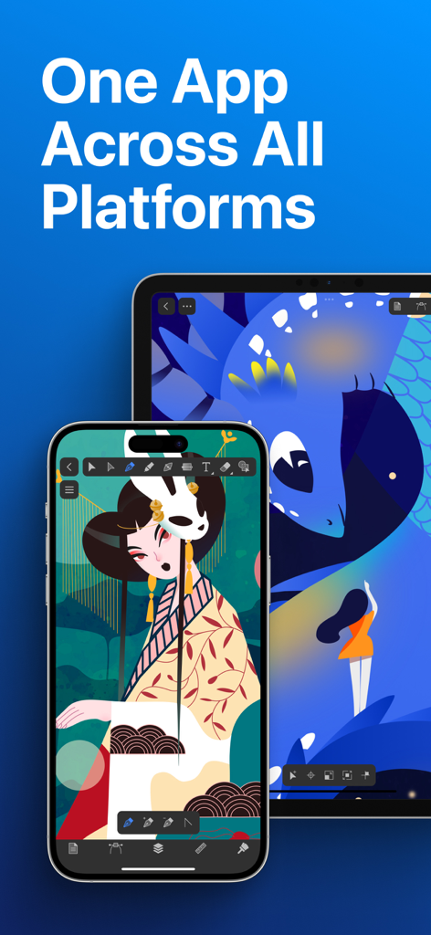 Amadine vector design app shown on an iPhone and iPad with illustrations on the screens