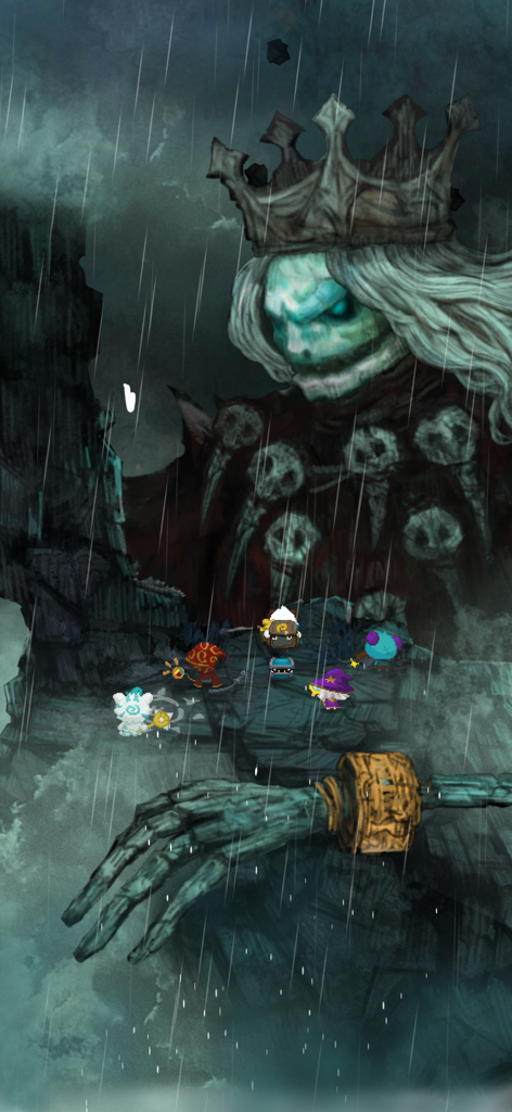 Pompo: Backpack Heroes - Small characters facing a giant skeletal king boss in the rain