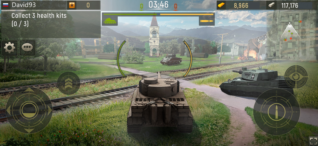 Grand Tanks: Online War Game - Gameplay scene from Grand Tanks showing a tank battle near railway tracks and a stone tower in a 3D environment