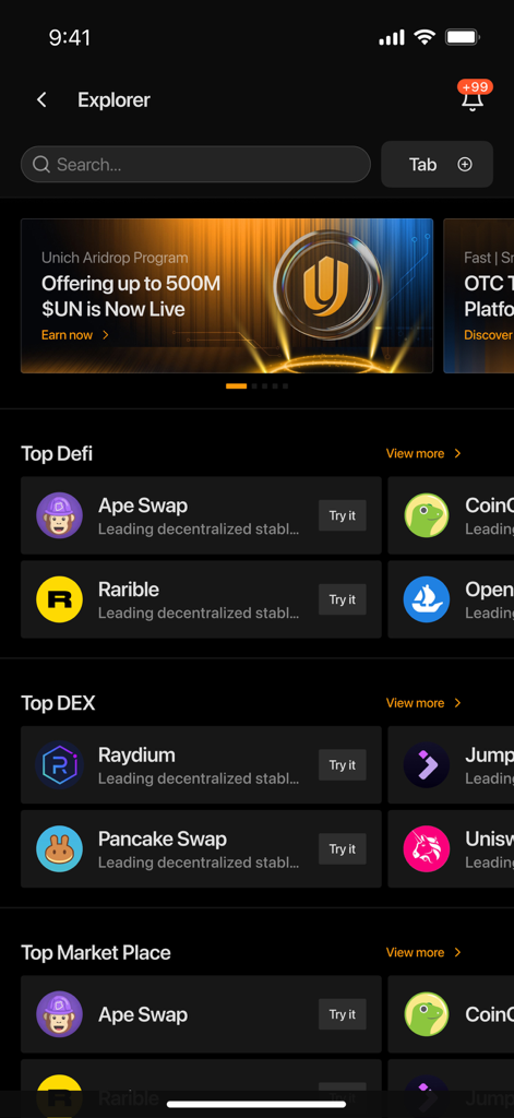 Unich Wallet - Interfaz del Explorador de Unich Wallet mostrando plataformas populares de DeFi DEX y NFT.
