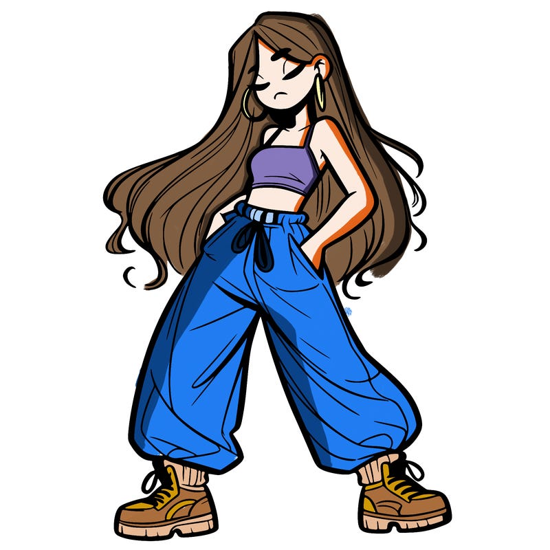 girl in baggy pants crop top and long hair