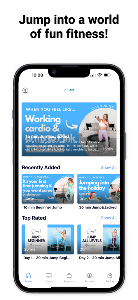 Jump&Jacked - Jump and Jacked app home screen showing various mini trampoline fitness classes and programs